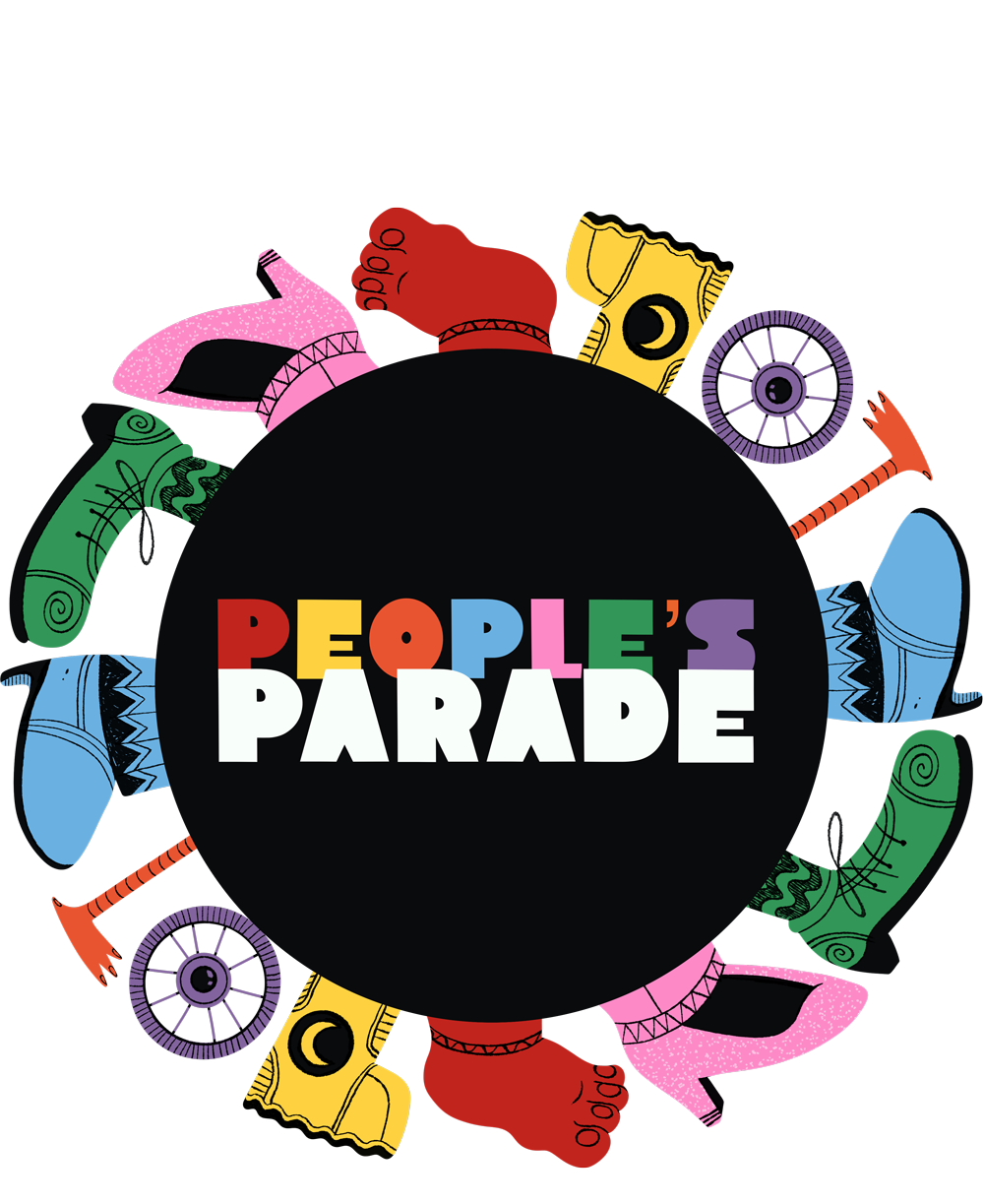 People's parade logog, text surrounded by shoes, feet and wheels of varying colours and types