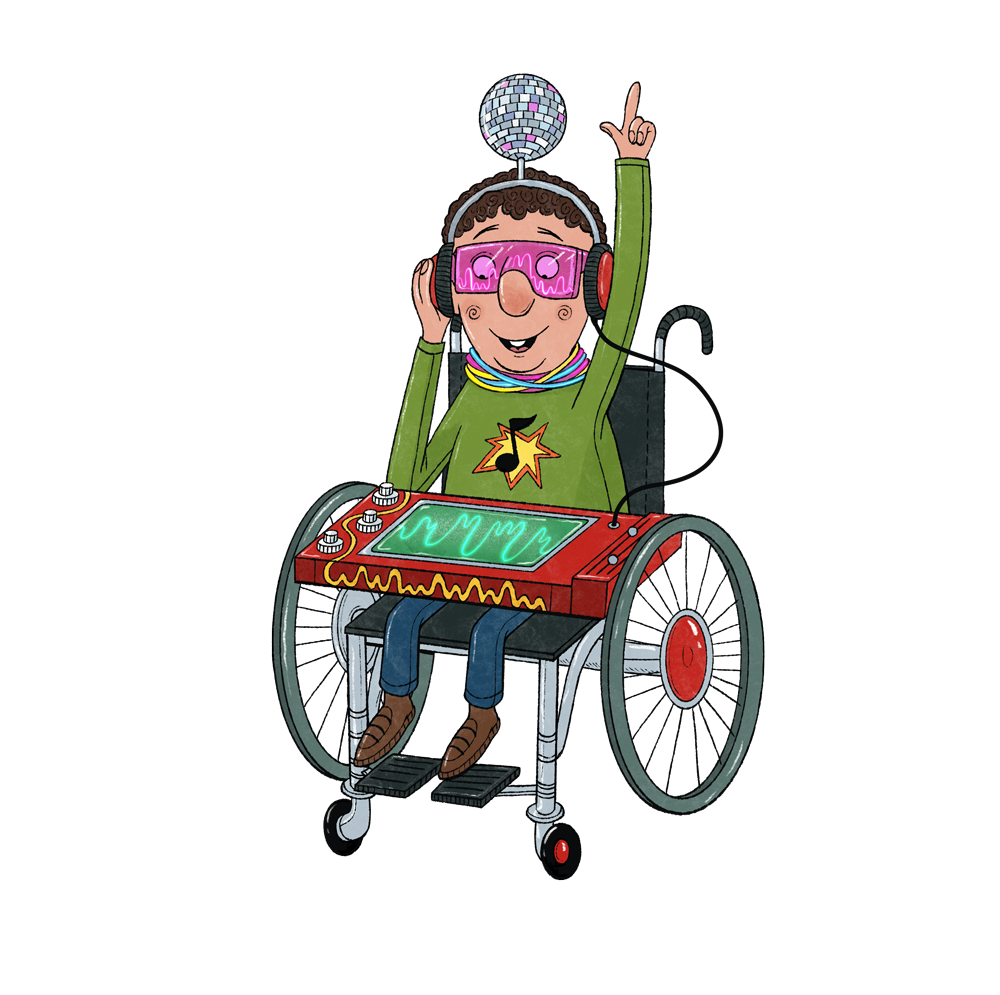 cartoon wheelchair user with decks and a discoball headband